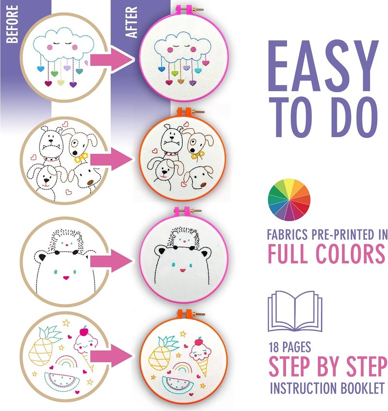 CRAFTILOO 10 Pre-Stamped Embroidery Patterns for Beginners Embroidery Kit for Kids Girls Needlepoint Kits for Beginners Cross Stitch Craft Sewing Perfect for Ages 7-13 - Image 4